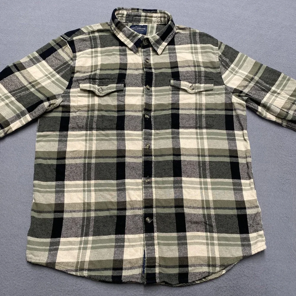 Lucky Brand‎ Shirt Mens Medium Green Gray Plaid Flannel Button Up Long Sleeve
